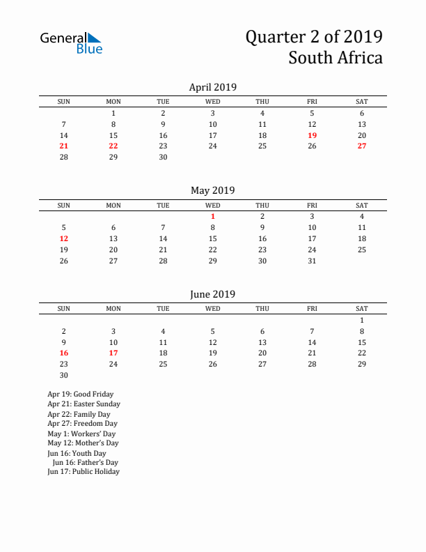 Quarter 2 2019 South Africa Quarterly Calendar