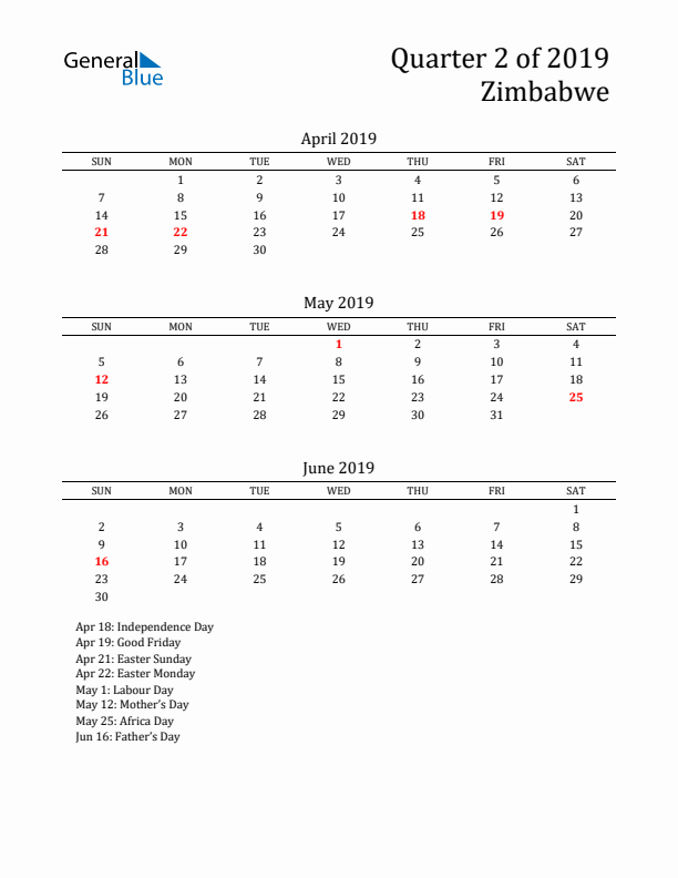 Quarter 2 2019 Zimbabwe Quarterly Calendar