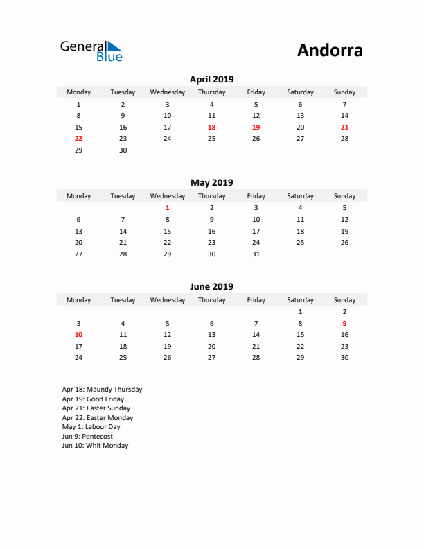 Printable Quarterly Calendar with Notes and Andorra Holidays- Q2 of 2019