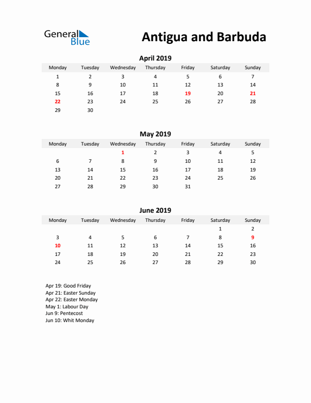 Printable Quarterly Calendar with Notes and Antigua and Barbuda Holidays- Q2 of 2019