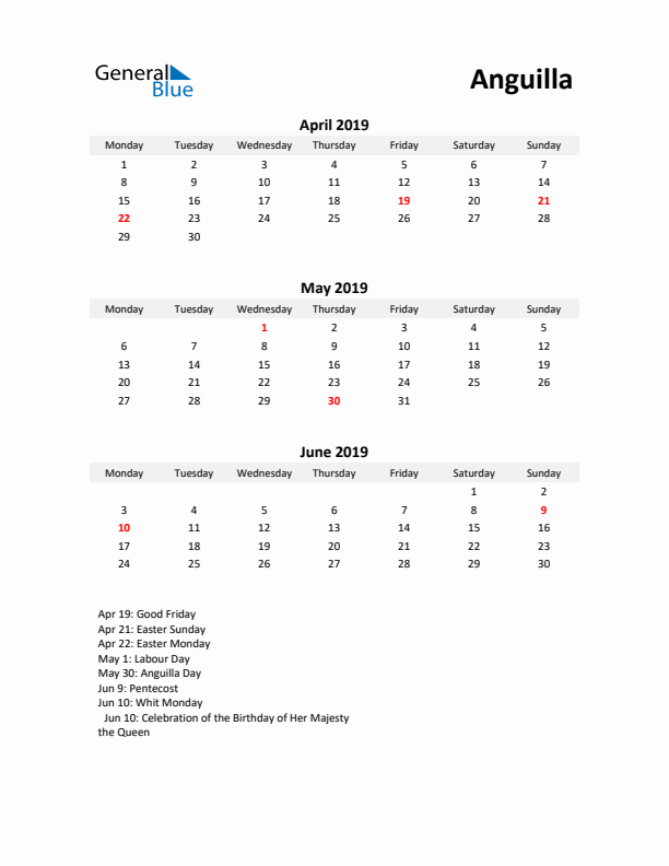 Printable Quarterly Calendar with Notes and Anguilla Holidays- Q2 of 2019