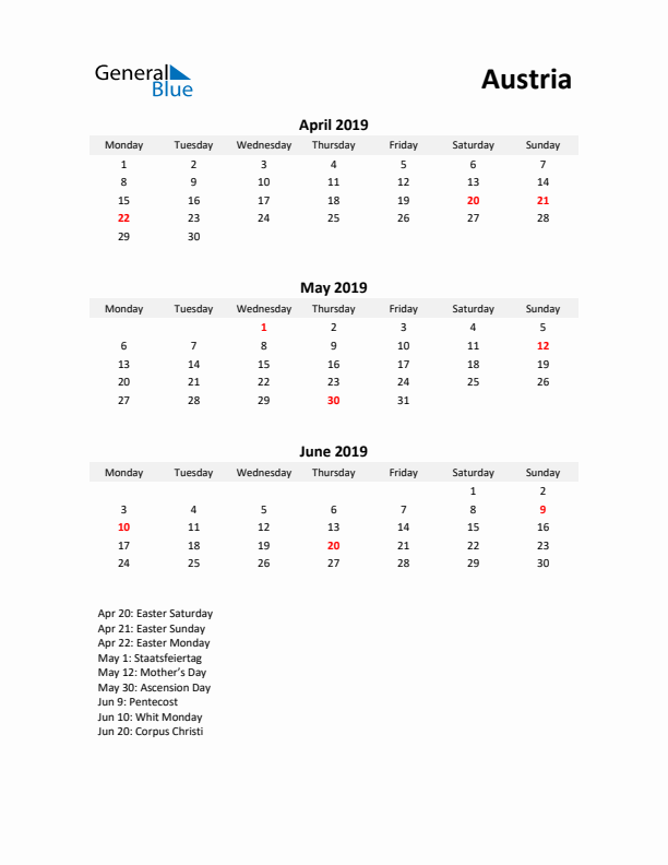 Printable Quarterly Calendar with Notes and Austria Holidays- Q2 of 2019