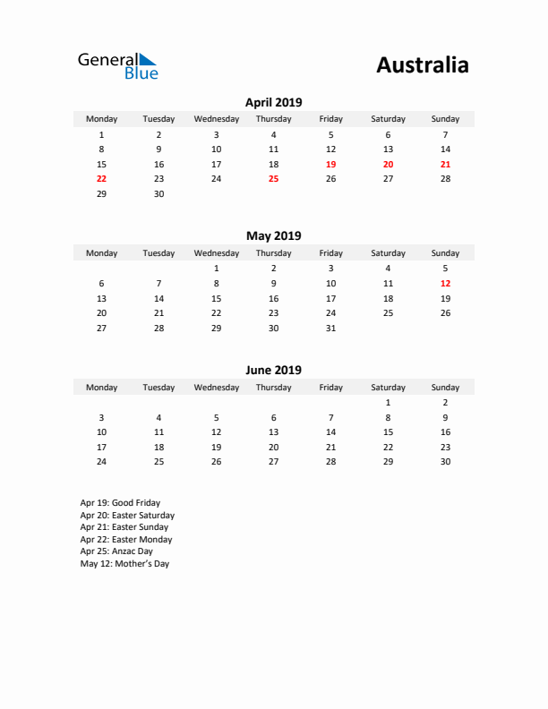 Printable Quarterly Calendar with Notes and Australia Holidays- Q2 of 2019