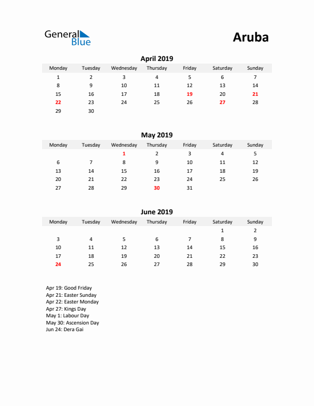 Printable Quarterly Calendar with Notes and Aruba Holidays- Q2 of 2019