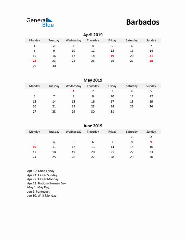 Printable Quarterly Calendar with Notes and Barbados Holidays- Q2 of 2019