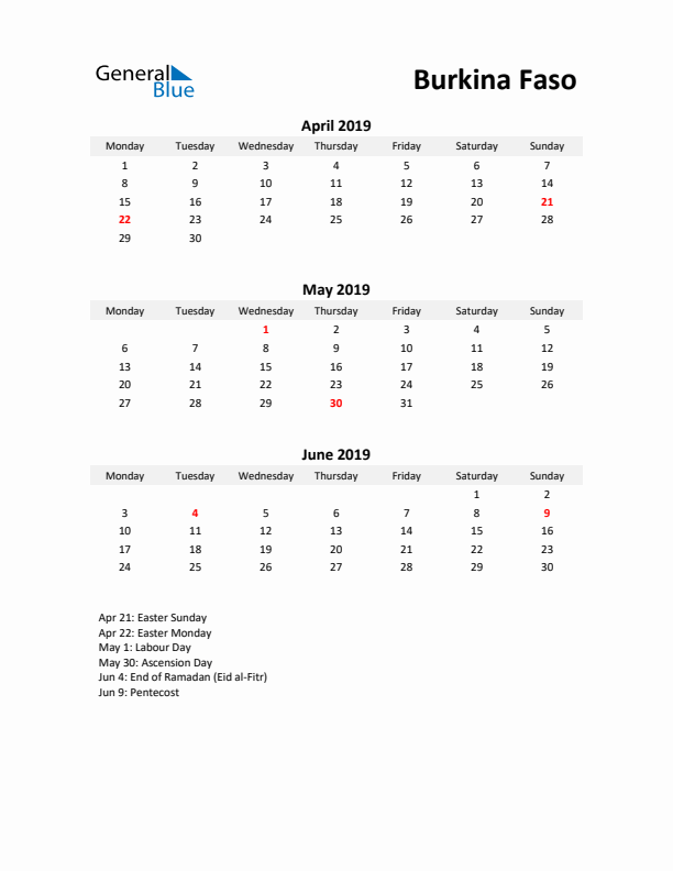 Printable Quarterly Calendar with Notes and Burkina Faso Holidays- Q2 of 2019