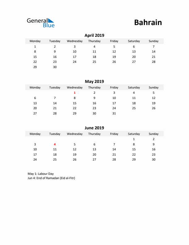 Printable Quarterly Calendar with Notes and Bahrain Holidays- Q2 of 2019