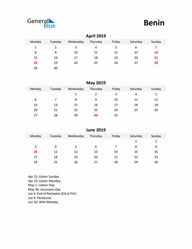 Printable Quarterly Calendar with Notes and Benin Holidays- Q2 of 2019