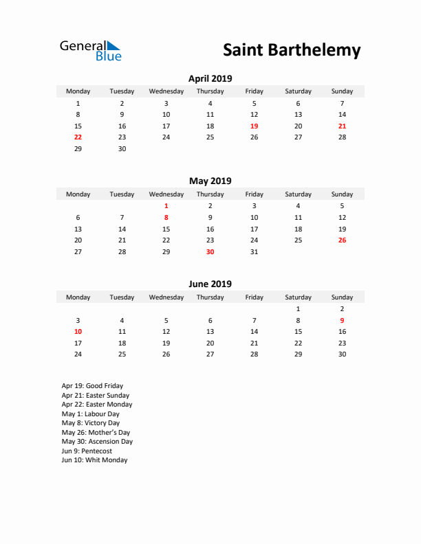 Printable Quarterly Calendar with Notes and Saint Barthelemy Holidays- Q2 of 2019