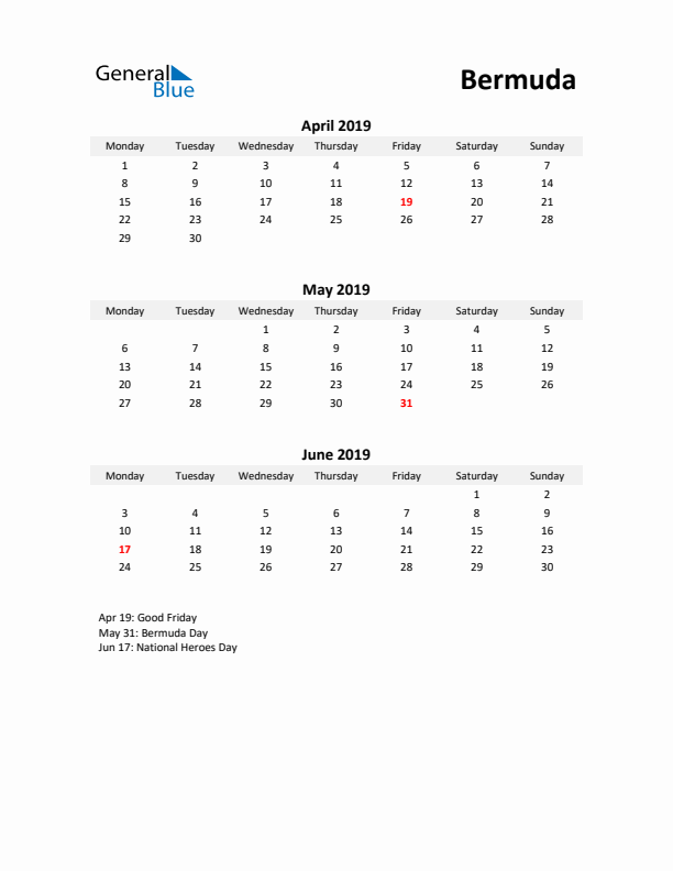 Printable Quarterly Calendar with Notes and Bermuda Holidays- Q2 of 2019