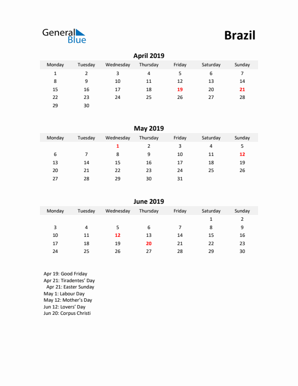 Printable Quarterly Calendar with Notes and Brazil Holidays- Q2 of 2019