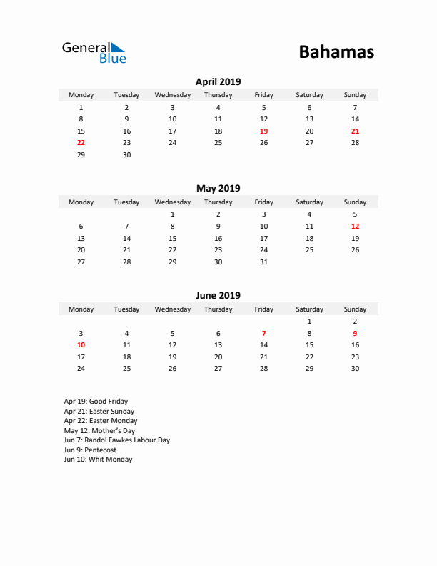 Printable Quarterly Calendar with Notes and Bahamas Holidays- Q2 of 2019