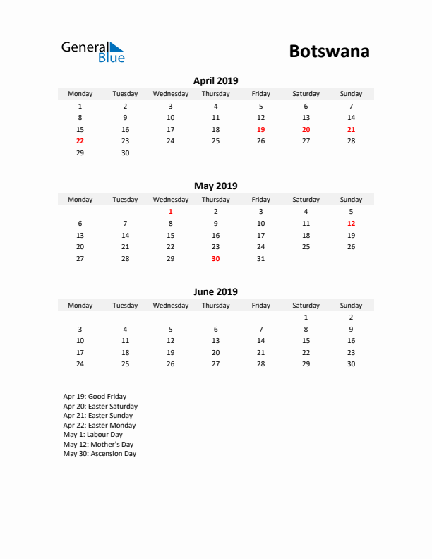 Printable Quarterly Calendar with Notes and Botswana Holidays- Q2 of 2019