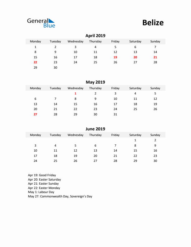 Printable Quarterly Calendar with Notes and Belize Holidays- Q2 of 2019