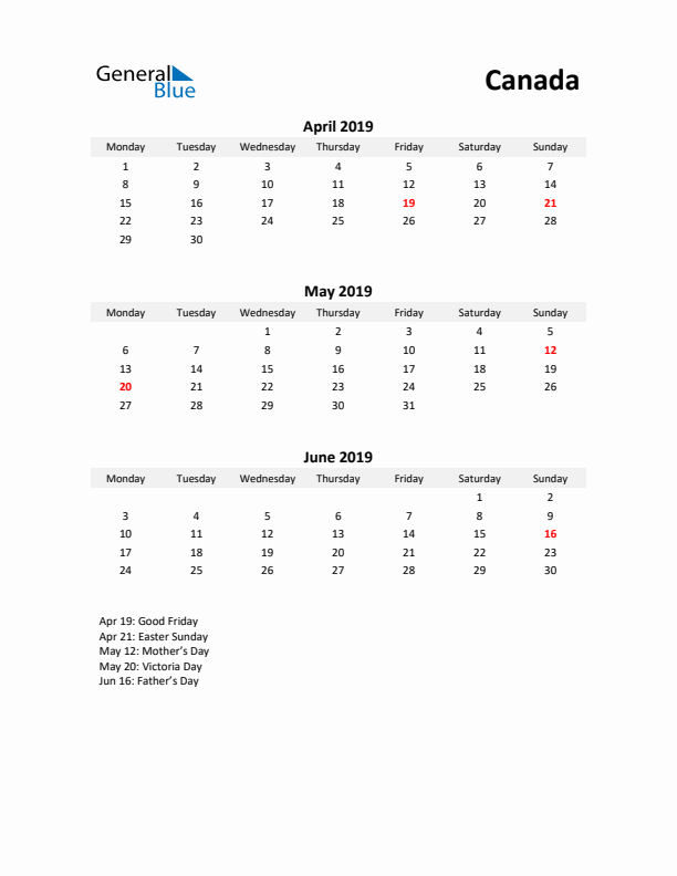 Printable Quarterly Calendar with Notes and Canada Holidays- Q2 of 2019