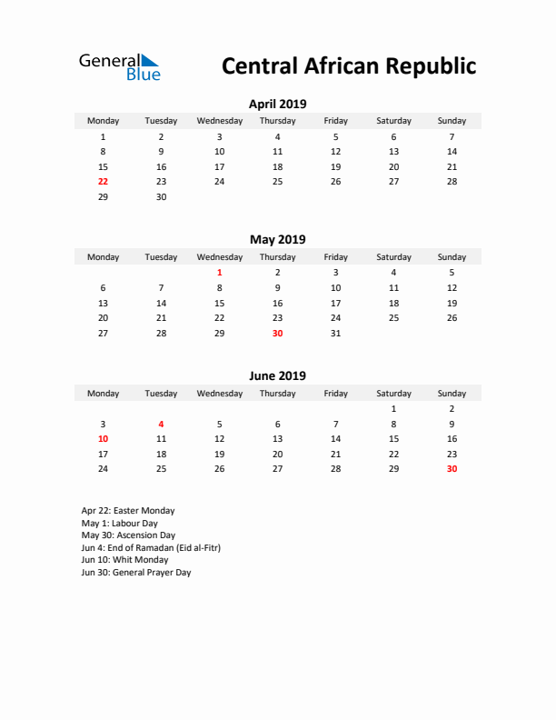 Printable Quarterly Calendar with Notes and Central African Republic Holidays- Q2 of 2019