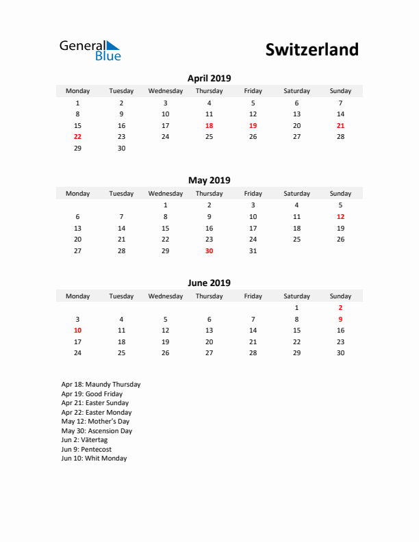 Printable Quarterly Calendar with Notes and Switzerland Holidays- Q2 of 2019