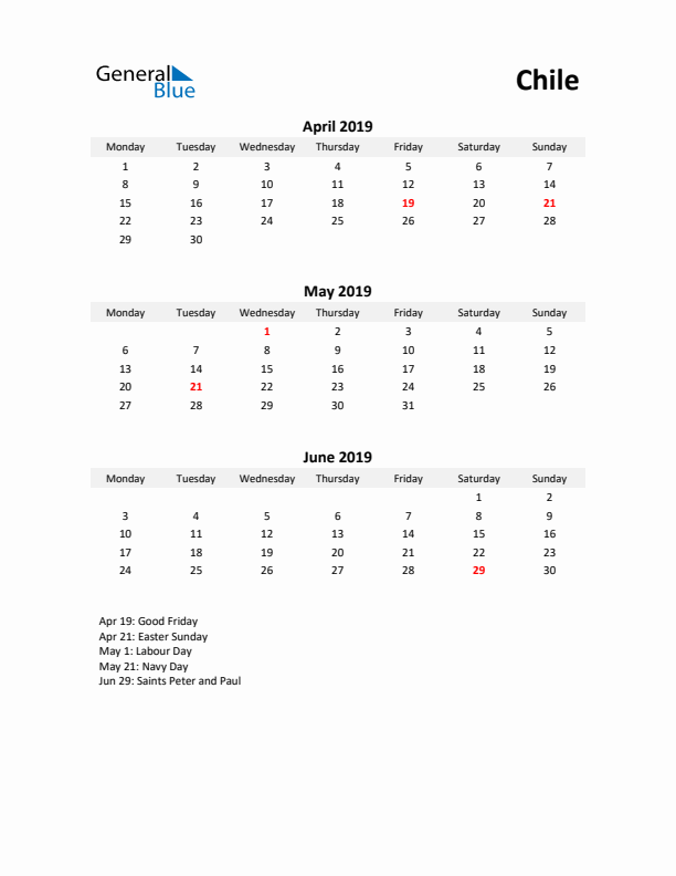 Printable Quarterly Calendar with Notes and Chile Holidays- Q2 of 2019