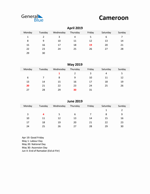 Printable Quarterly Calendar with Notes and Cameroon Holidays- Q2 of 2019