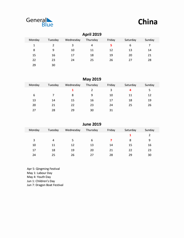 Printable Quarterly Calendar with Notes and China Holidays- Q2 of 2019