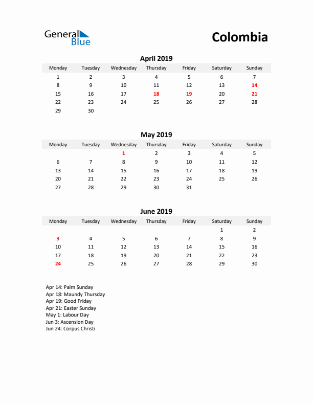 Printable Quarterly Calendar with Notes and Colombia Holidays- Q2 of 2019