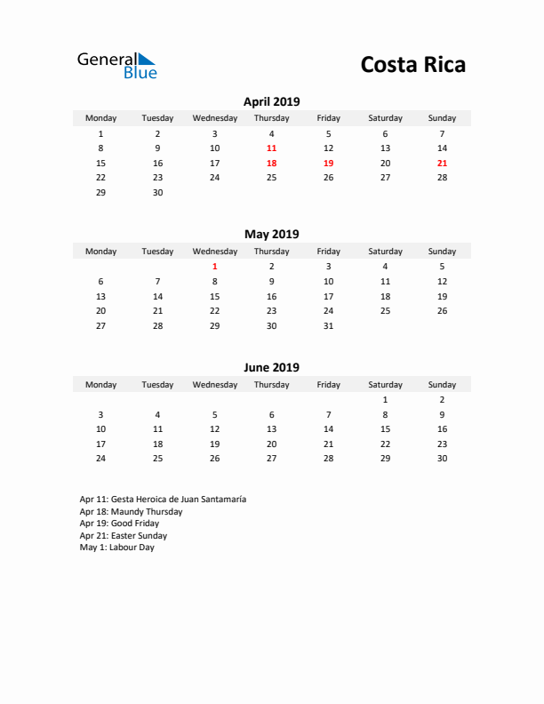 Printable Quarterly Calendar with Notes and Costa Rica Holidays- Q2 of 2019