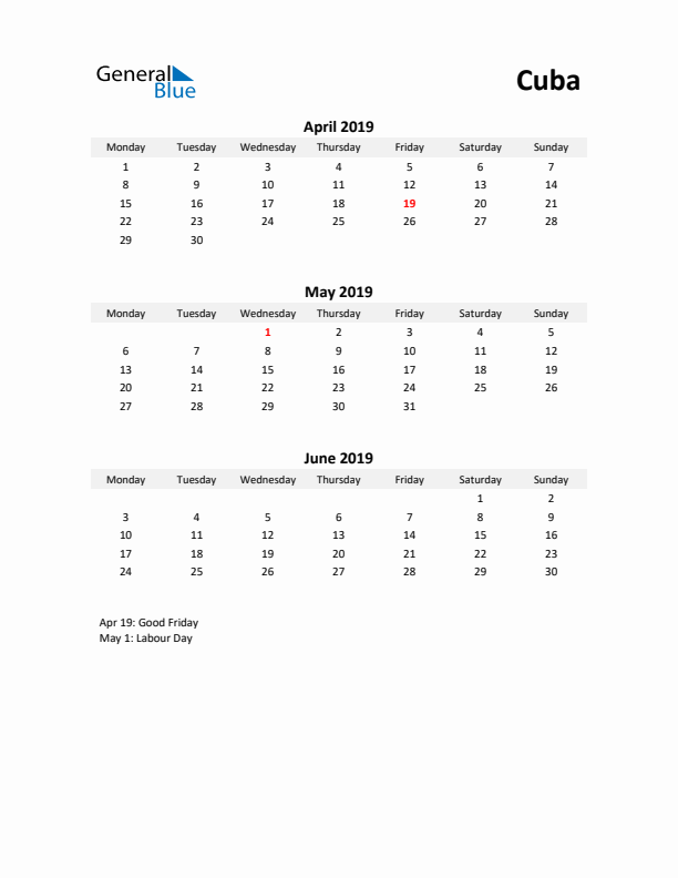 Printable Quarterly Calendar with Notes and Cuba Holidays- Q2 of 2019