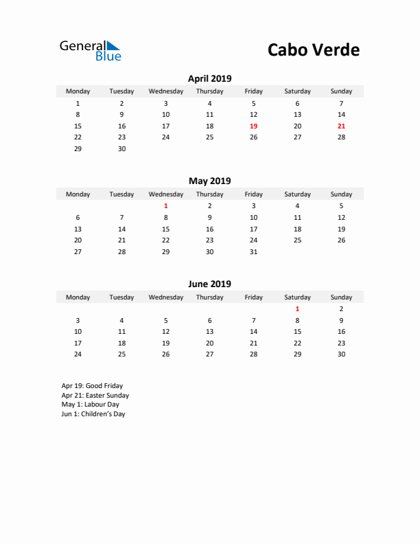 Printable Quarterly Calendar with Notes and Cabo Verde Holidays- Q2 of 2019