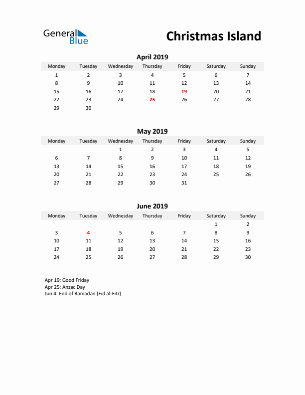 Printable Quarterly Calendar with Notes and Christmas Island Holidays- Q2 of 2019