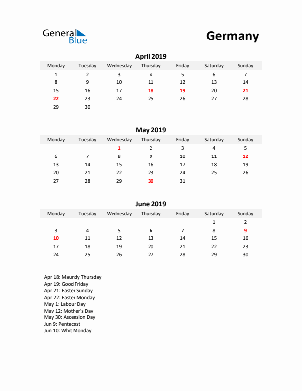 Printable Quarterly Calendar with Notes and Germany Holidays- Q2 of 2019