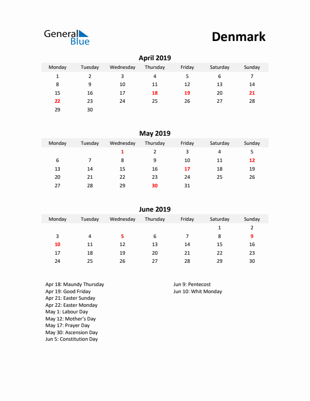 Printable Quarterly Calendar with Notes and Denmark Holidays- Q2 of 2019