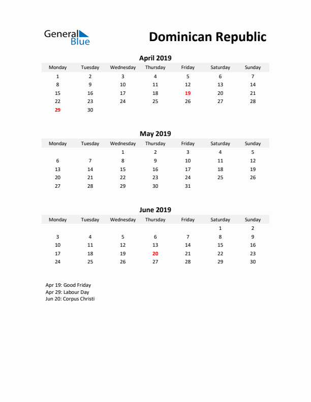 Printable Quarterly Calendar with Notes and Dominican Republic Holidays- Q2 of 2019