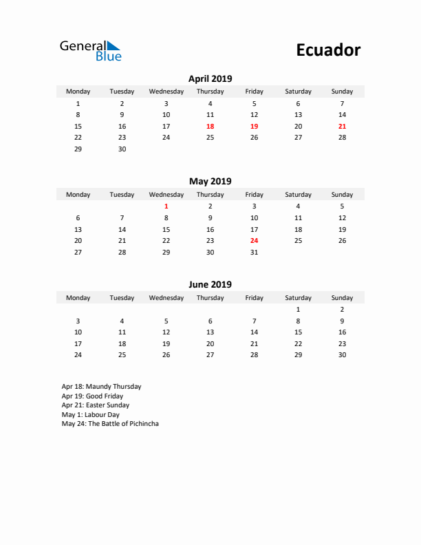 Printable Quarterly Calendar with Notes and Ecuador Holidays- Q2 of 2019