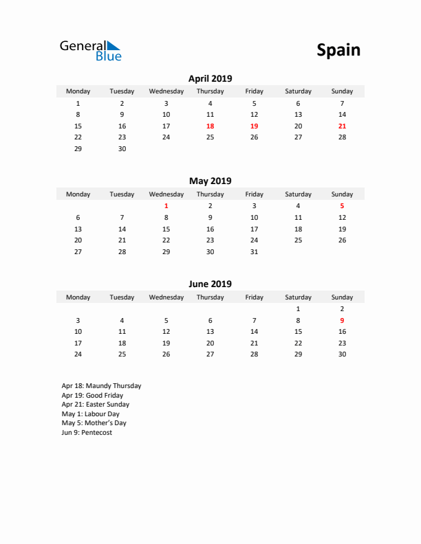 Printable Quarterly Calendar with Notes and Spain Holidays- Q2 of 2019