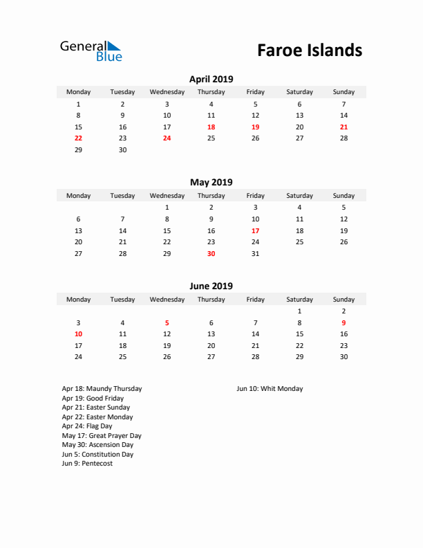 Printable Quarterly Calendar with Notes and Faroe Islands Holidays- Q2 of 2019