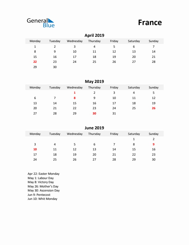 Printable Quarterly Calendar with Notes and France Holidays- Q2 of 2019