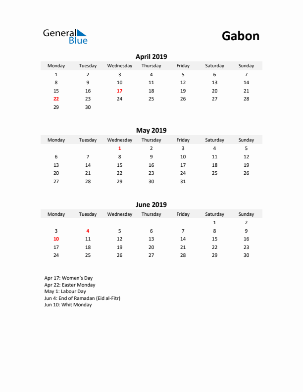 Printable Quarterly Calendar with Notes and Gabon Holidays- Q2 of 2019