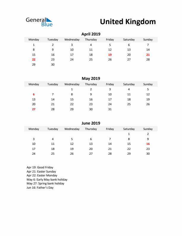 Printable Quarterly Calendar with Notes and United Kingdom Holidays- Q2 of 2019