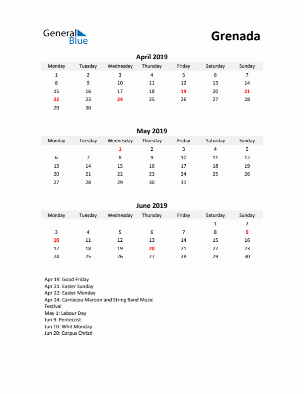 Printable Quarterly Calendar with Notes and Grenada Holidays- Q2 of 2019