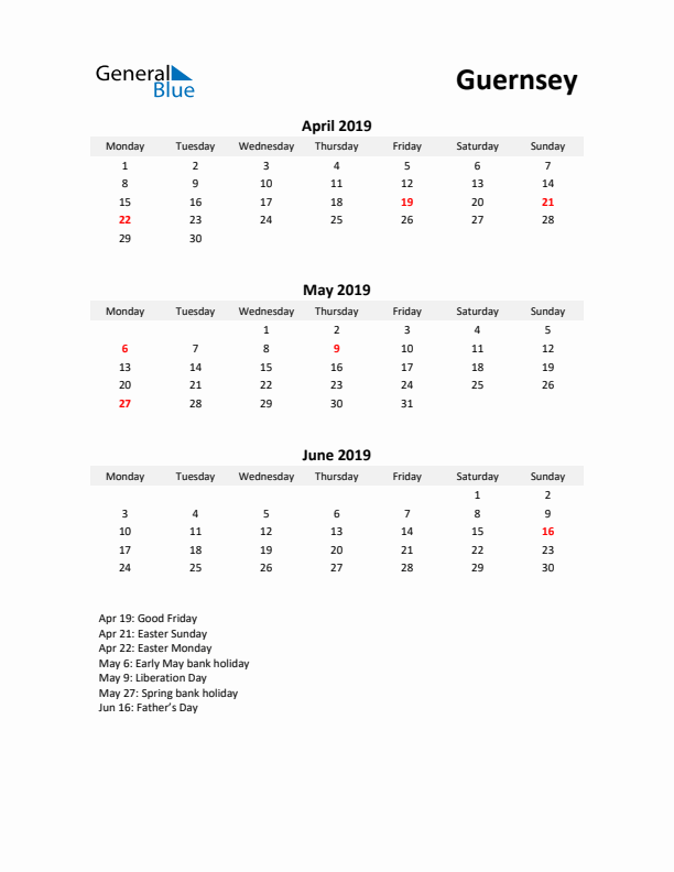 Printable Quarterly Calendar with Notes and Guernsey Holidays- Q2 of 2019