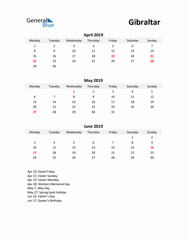 Printable Quarterly Calendar with Notes and Gibraltar Holidays- Q2 of 2019