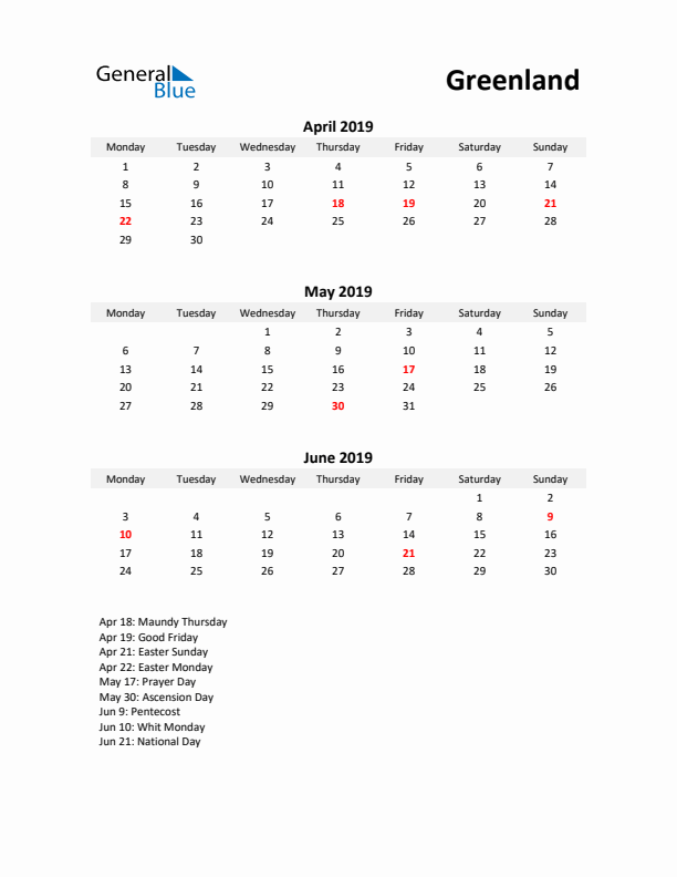 Printable Quarterly Calendar with Notes and Greenland Holidays- Q2 of 2019