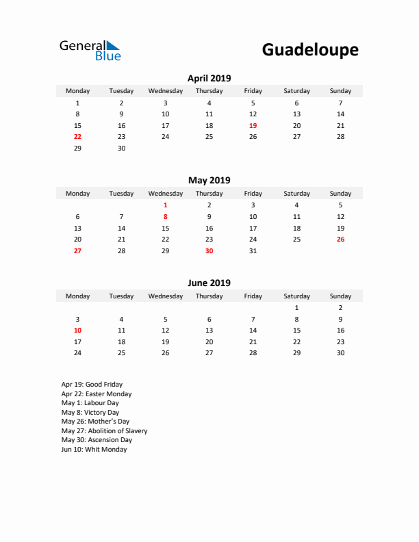 Printable Quarterly Calendar with Notes and Guadeloupe Holidays- Q2 of 2019