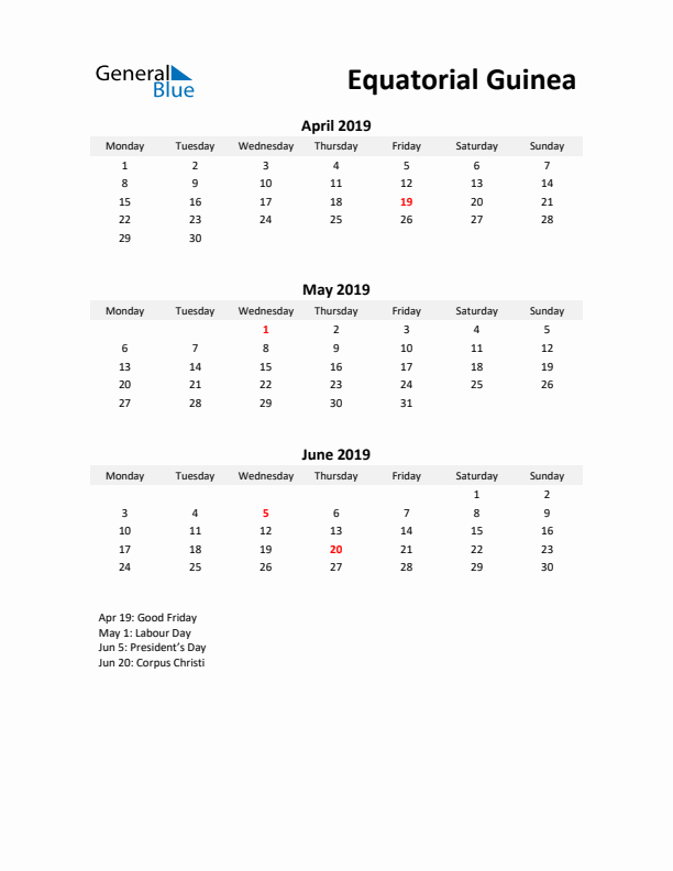 Printable Quarterly Calendar with Notes and Equatorial Guinea Holidays- Q2 of 2019