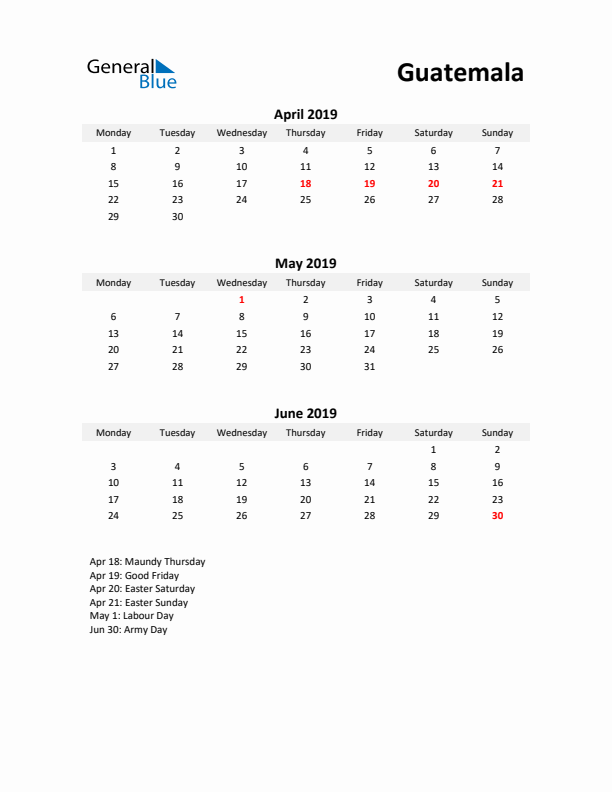 Printable Quarterly Calendar with Notes and Guatemala Holidays- Q2 of 2019