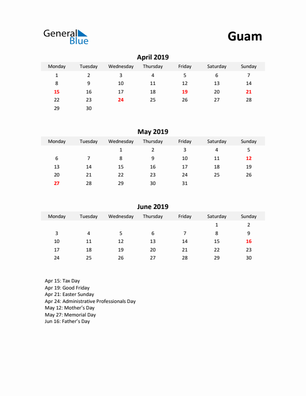 Printable Quarterly Calendar with Notes and Guam Holidays- Q2 of 2019