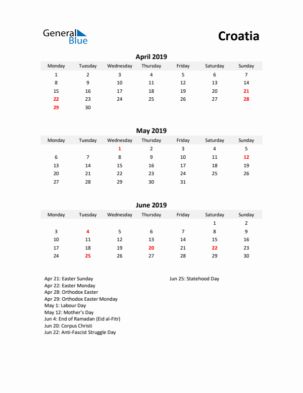 Printable Quarterly Calendar with Notes and Croatia Holidays- Q2 of 2019