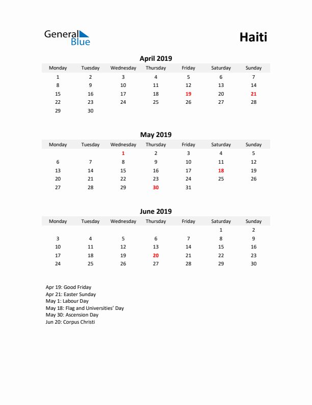 Printable Quarterly Calendar with Notes and Haiti Holidays- Q2 of 2019