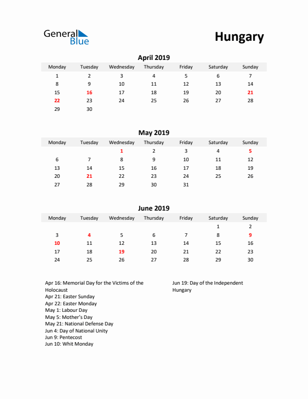 Printable Quarterly Calendar with Notes and Hungary Holidays- Q2 of 2019