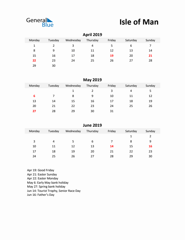 Printable Quarterly Calendar with Notes and Isle of Man Holidays- Q2 of 2019